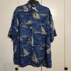 VTG Pierre Cardin Sailboat Hawaiian Shirt XL Blue Rayon Nautical Tropical 90s